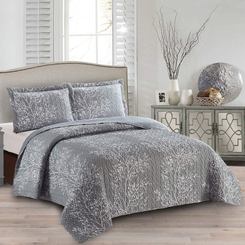 Royal Hotel Bedding Odette Gray Oversized Coverlet Set Luxury Printed Design Quilt Bedspread Set  Filled Quilts  Fits Pillow top Mattresses  3PC Set  King  Cal King Size 