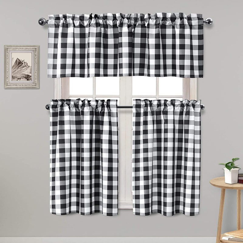 Hiasan Hiasan 3 Piece Semi Sheer Kitchen Curtains  Light Filtering Buffalo Plaid Tier and Valance Window Curtains Set Black and White 52 W x 18 L 1 Panel  26 W x 24 L 2 Panels 