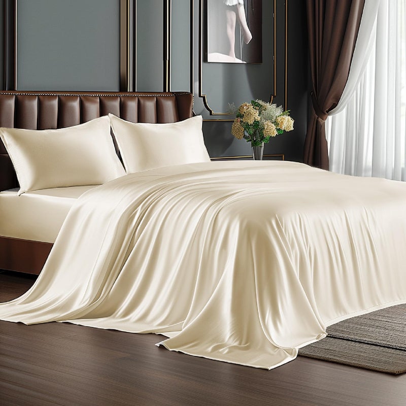 BEDELITE King Size Sheets Set, Luxury Soft Beige Satin Sheets for Hair and Skin, Similar to Silk Bed Sheets Set 4 Pieces with 1 Deep Pocket Fitted Sheet, 1 Flat Sheet, and 2 Pillowcases - Image 1