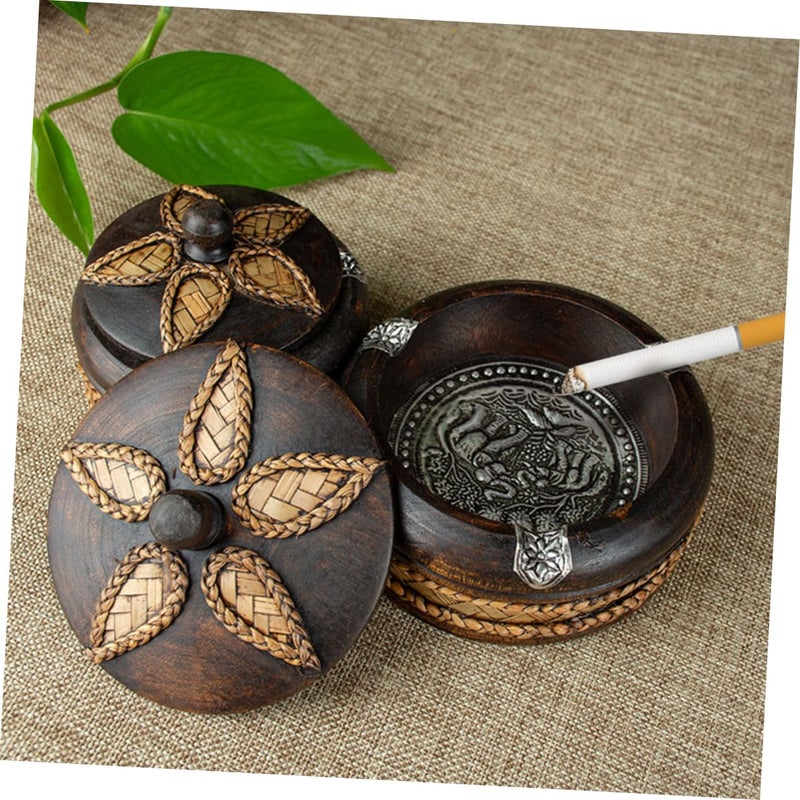 Solid Wood Ashtray With Lid Handmade Vintage Decorative Tray Home Office Bar Gift - Image 5