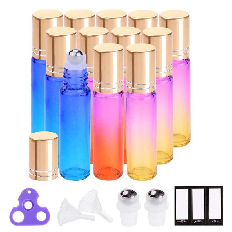 PrettyCare 12 Pack 10 ml Essential Oil Roller Bottles with Stainless Steel Roller Ball Refillable Leakproof Empty Thick Rainbow Glass Roll on Bottles with Metal Caps for Travel Perfume