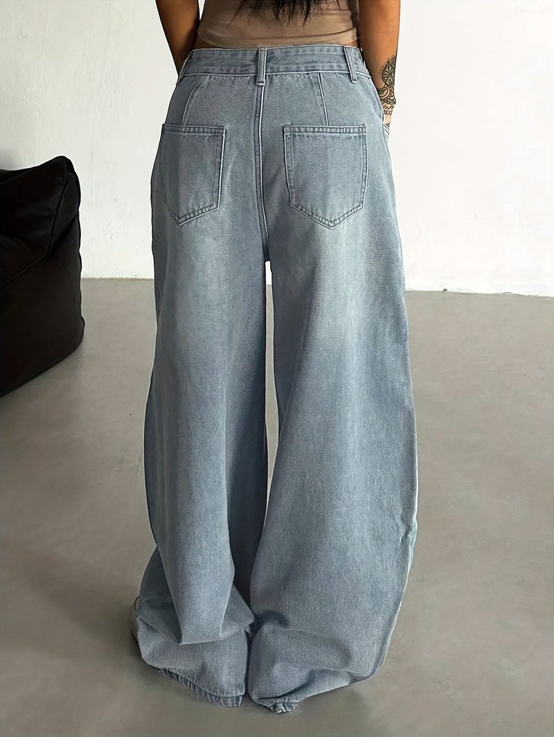 Women's Vintage Scallop Hem Washed Denim Jeans, Fashionable Loose Fit High-Waist Denim Trousers - Image 4