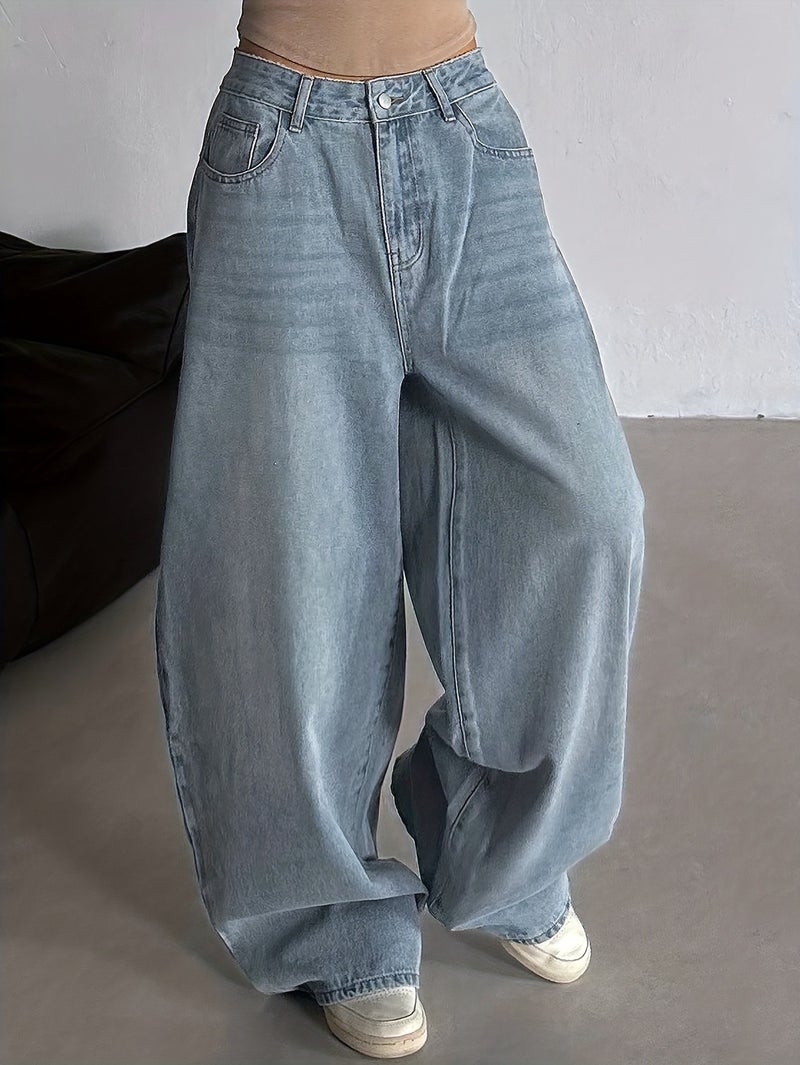 Women's Vintage Scallop Hem Washed Denim Jeans, Fashionable Loose Fit High-Waist Denim Trousers - Image 2