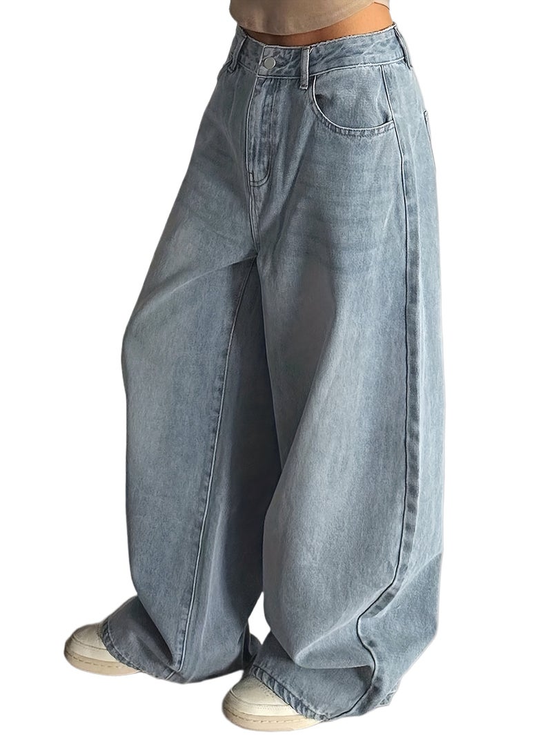 Women's Vintage Scallop Hem Washed Denim Jeans, Fashionable Loose Fit High-Waist Denim Trousers - Image 1