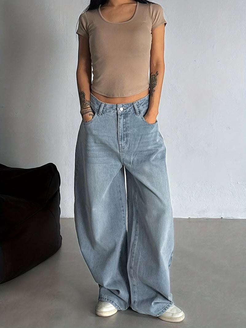 Women's Vintage Scallop Hem Washed Denim Jeans, Fashionable Loose Fit High-Waist Denim Trousers - Image 5