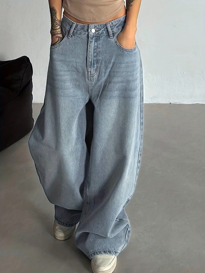 Women's Vintage Scallop Hem Washed Denim Jeans, Fashionable Loose Fit High-Waist Denim Trousers - Image 3