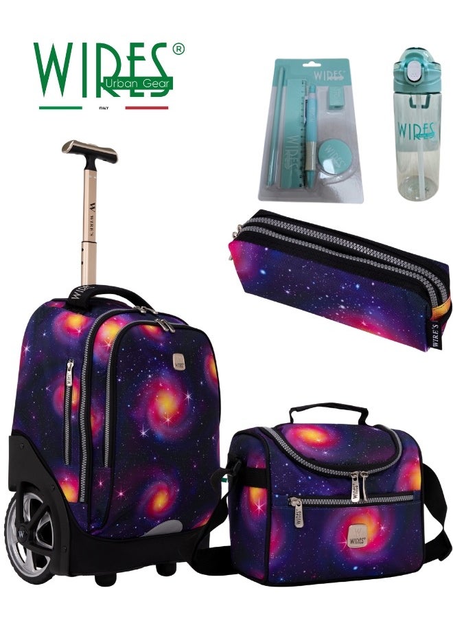 Wires 3 Piece Kids School Trolley Bag laptop compartment Big Wheels With Lunch bag & Pencil Case  - Image 1
