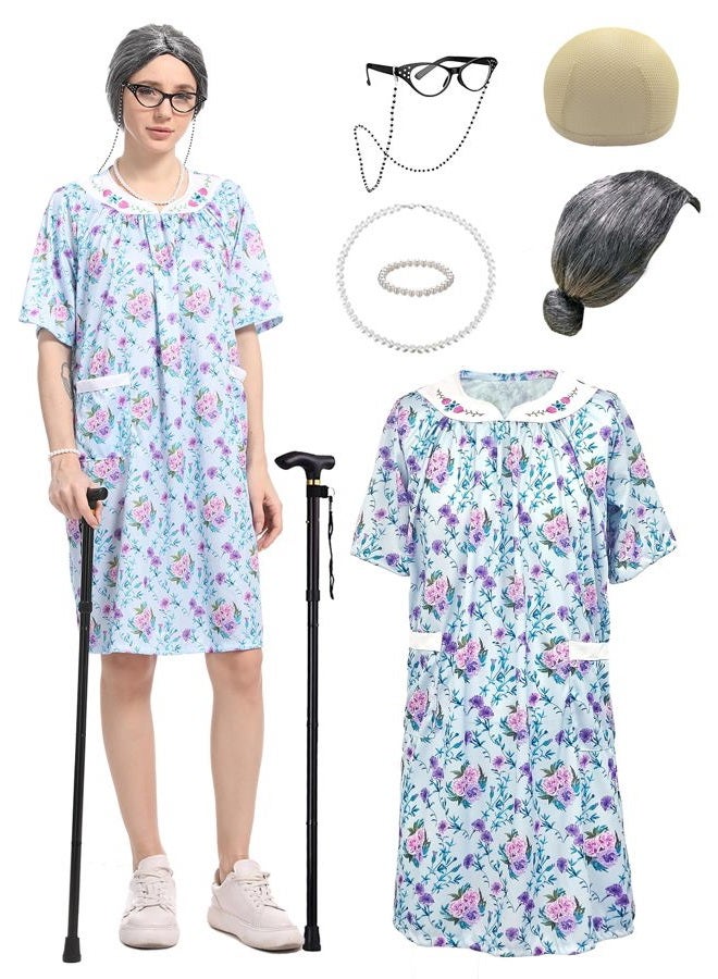 Cupohus Women's Old Lady Wig Costume Set, 100 Days of School Adult Granny Dress Cosplay, 8PCS Set- Grandma Wig and Cap, Retro Glasses with Chain, Faux Pearl Jewelry, Cane, Blue Floral Dress Outfit - Image 1