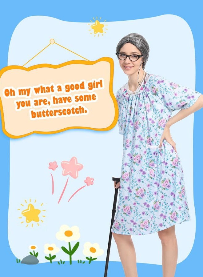 Cupohus Women's Old Lady Wig Costume Set, 100 Days of School Adult Granny Dress Cosplay, 8PCS Set- Grandma Wig and Cap, Retro Glasses with Chain, Faux Pearl Jewelry, Cane, Blue Floral Dress Outfit - Image 2