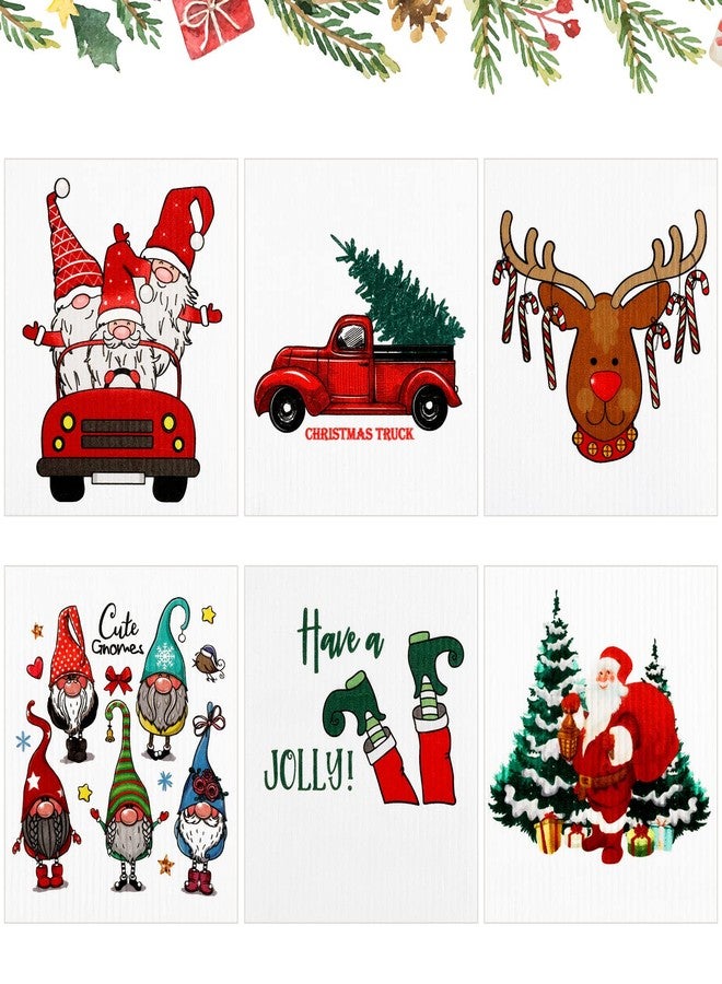 Patelai 6 Pcs Christmas Swedish Kitchen Dishcloths Gnomes Santa Elk Dish Cloths Christmas Reusable Absorbent Swedish Dishcloth for Kitchen Supplies - Image 1
