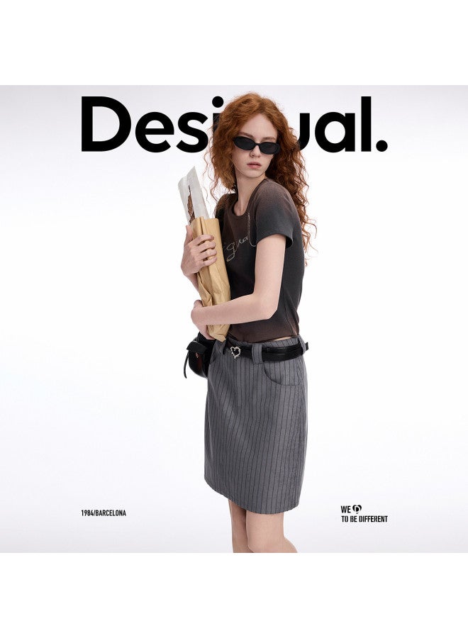 DESIGUAL تنورة مخططة جديدة ss25 مع تفاصيل جيب خلفي مطرزة - Image 5