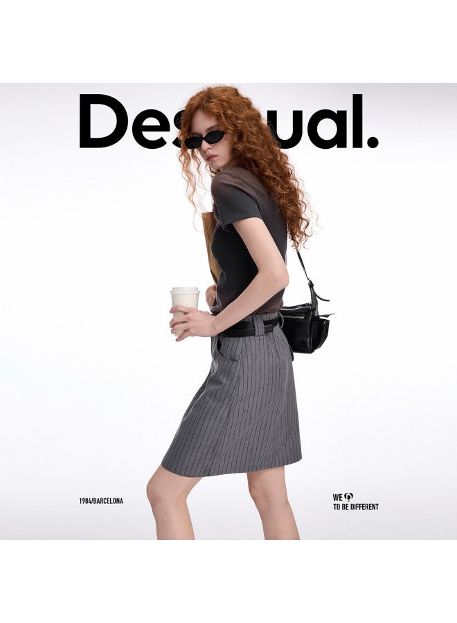 DESIGUAL تنورة مخططة جديدة ss25 مع تفاصيل جيب خلفي مطرزة - Image 4