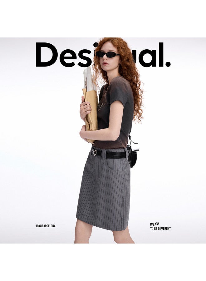DESIGUAL تنورة مخططة جديدة ss25 مع تفاصيل جيب خلفي مطرزة - Image 3
