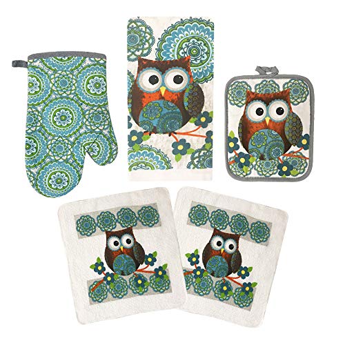 American Linen Owl Set Oven Mitts and Pot Holders - Kitchen Towels and Dish Cloths Sets - Oven Mitts - Tea Towels - Dish Cloths Set - Image 1