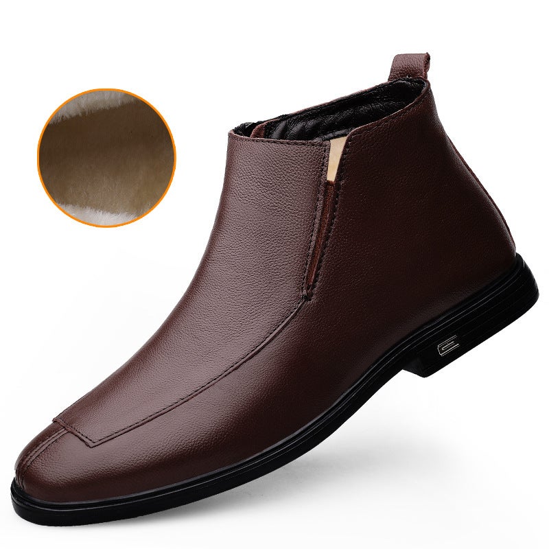 Mens Leather Martin Boots Winter Warm High-Top Cotton Shoes Brown fleece-lined 