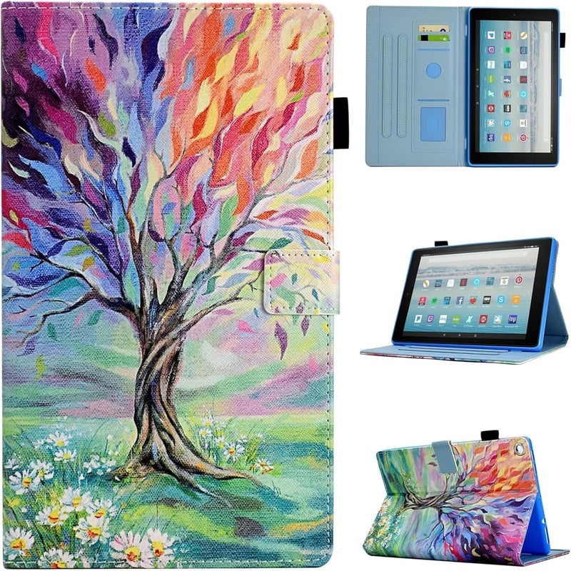 حافظة واقية من نوع "Folio Stand Cover" مصنوعة من جلد PU عالي الجودة لجهاز Fire HD 8 (الجيل الثامن/السابع/السادس، إصدارات 2018/2017/2016)، تتميز بتصميم يشبه "شجرة الحياة". - Image 1