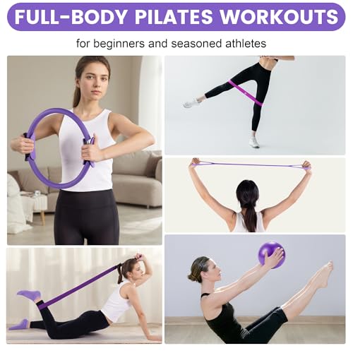 SAMTKA 14" Pilates Ring Circle Fitness Set of 17 Equipment Accessories Workouts Includes Pilates Ball Magic Circle Yoga Ring Knee Pads and Resistance Bands for Women Set Gift for Women Weight Loss (Purple) - Image 3