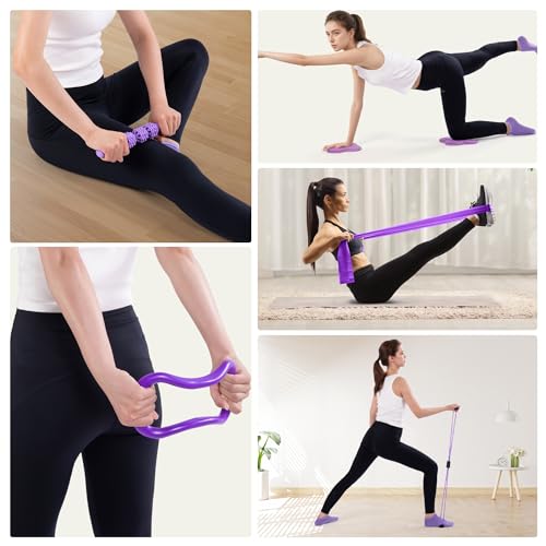 SAMTKA 14" Pilates Ring Circle Fitness Set of 17 Equipment Accessories Workouts Includes Pilates Ball Magic Circle Yoga Ring Knee Pads and Resistance Bands for Women Set Gift for Women Weight Loss (Purple) - Image 4