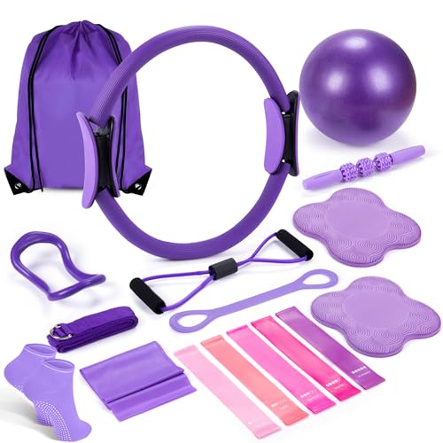 SAMTKA 14" Pilates Ring Circle Fitness Set of 17 Equipment Accessories Workouts Includes Pilates Ball Magic Circle Yoga Ring Knee Pads and Resistance Bands for Women Set Gift for Women Weight Loss (Purple) - Image 1