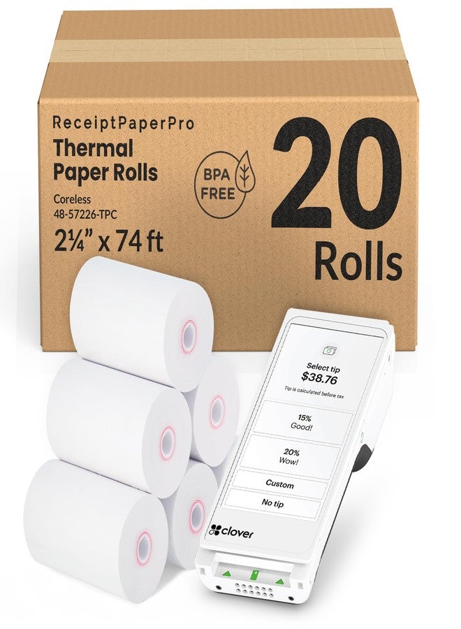 ReceiptPaperPro 2 1/4” x 74 ft Coreless Thermal Receipt Paper Rolls for Clover Flex 3 Clover Flex 4 Clover Compact, 20 Rolls - Image 1