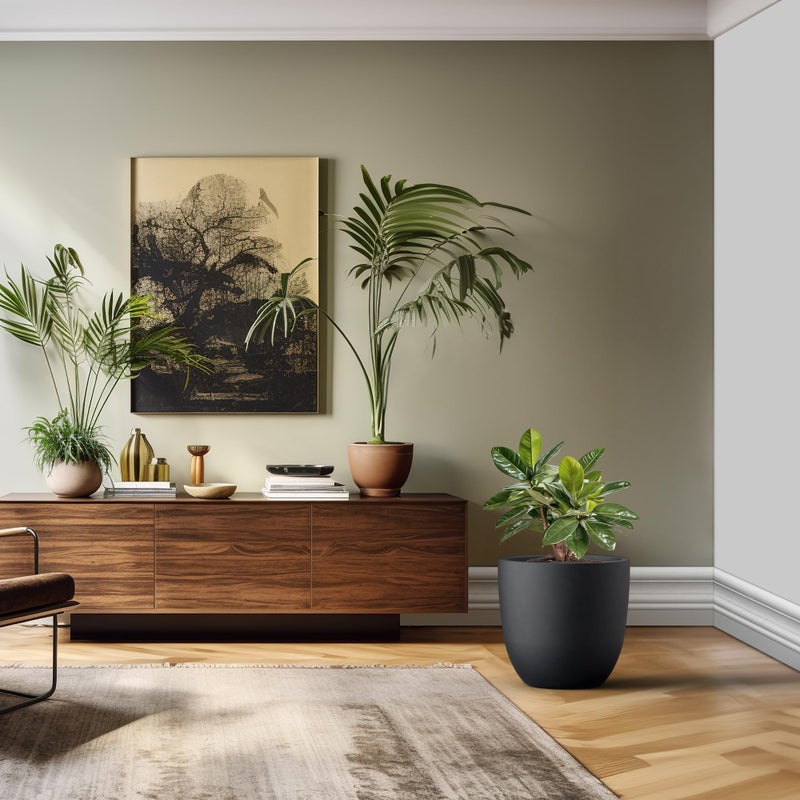 Kante 18 Inch Round Concrete Planter, Large Outdoor Indoor Plant Pot with Drainage, Smooth Black Finish with Painted Interior, for Flowers, Trees, Shrubs - Image 3