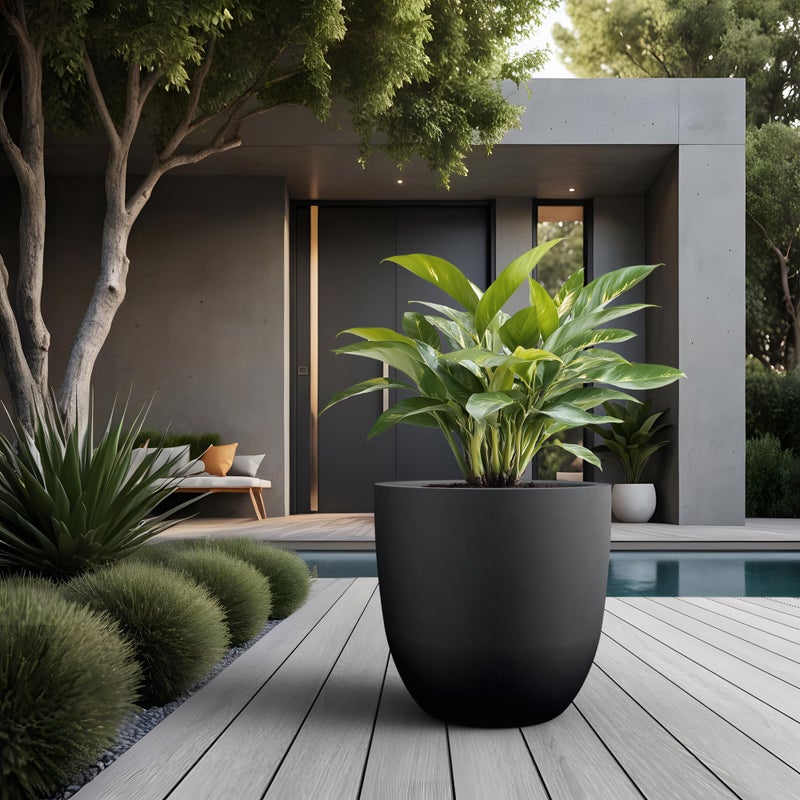 Kante 18 Inch Round Concrete Planter, Large Outdoor Indoor Plant Pot with Drainage, Smooth Black Finish with Painted Interior, for Flowers, Trees, Shrubs - Image 5