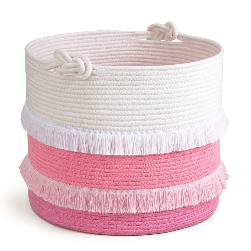 CherryNow Large Rope Basket - 16''x13'' Pink Decorative Woven Basket for Toys, Blankets, or Laundry, Cute Tassel Decor for Baby & Girl - Home Storage Container - Image 1
