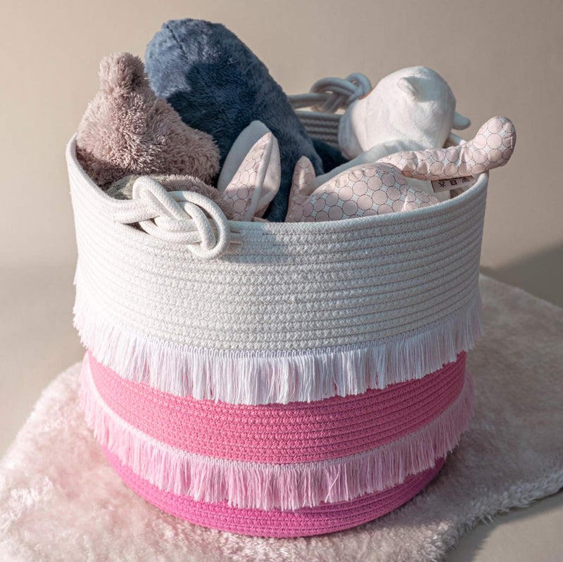 CherryNow Large Rope Basket - 16''x13'' Pink Decorative Woven Basket for Toys, Blankets, or Laundry, Cute Tassel Decor for Baby & Girl - Home Storage Container - Image 5