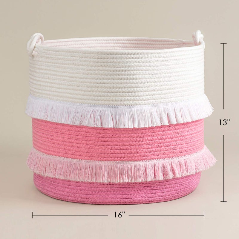 CherryNow Large Rope Basket - 16''x13'' Pink Decorative Woven Basket for Toys, Blankets, or Laundry, Cute Tassel Decor for Baby & Girl - Home Storage Container - Image 2