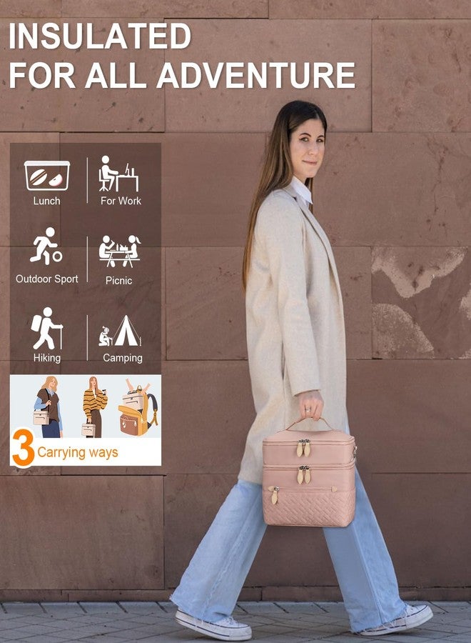 Capolo Lunch Box for Women Men Adults,Double Deck Insulated Lunch Bag Leakproof Lunch Cooler Box with Removable Strap Lunch Tote Bags Reusable Thermal Lunchbox for School Work Picnic(Large,Pink) - Image 2