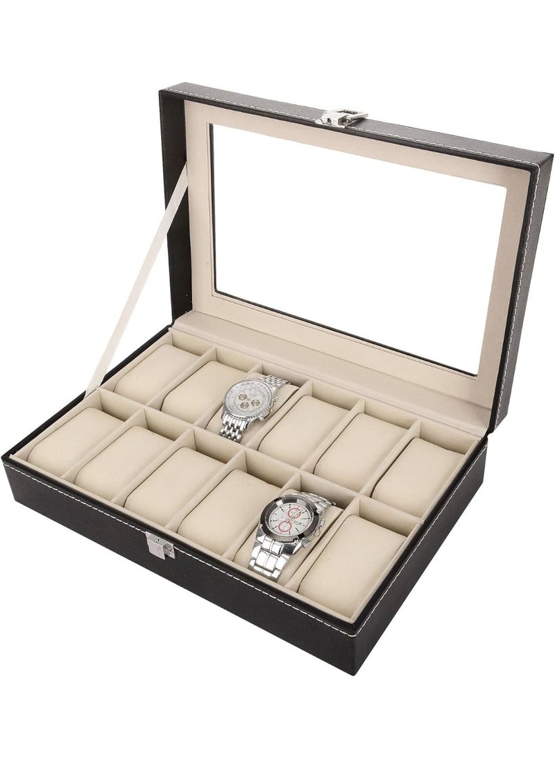 PU Leather Watch Box, 12 Slot Watch Organizer with Glass Lid, Watch Display Case - Image 4