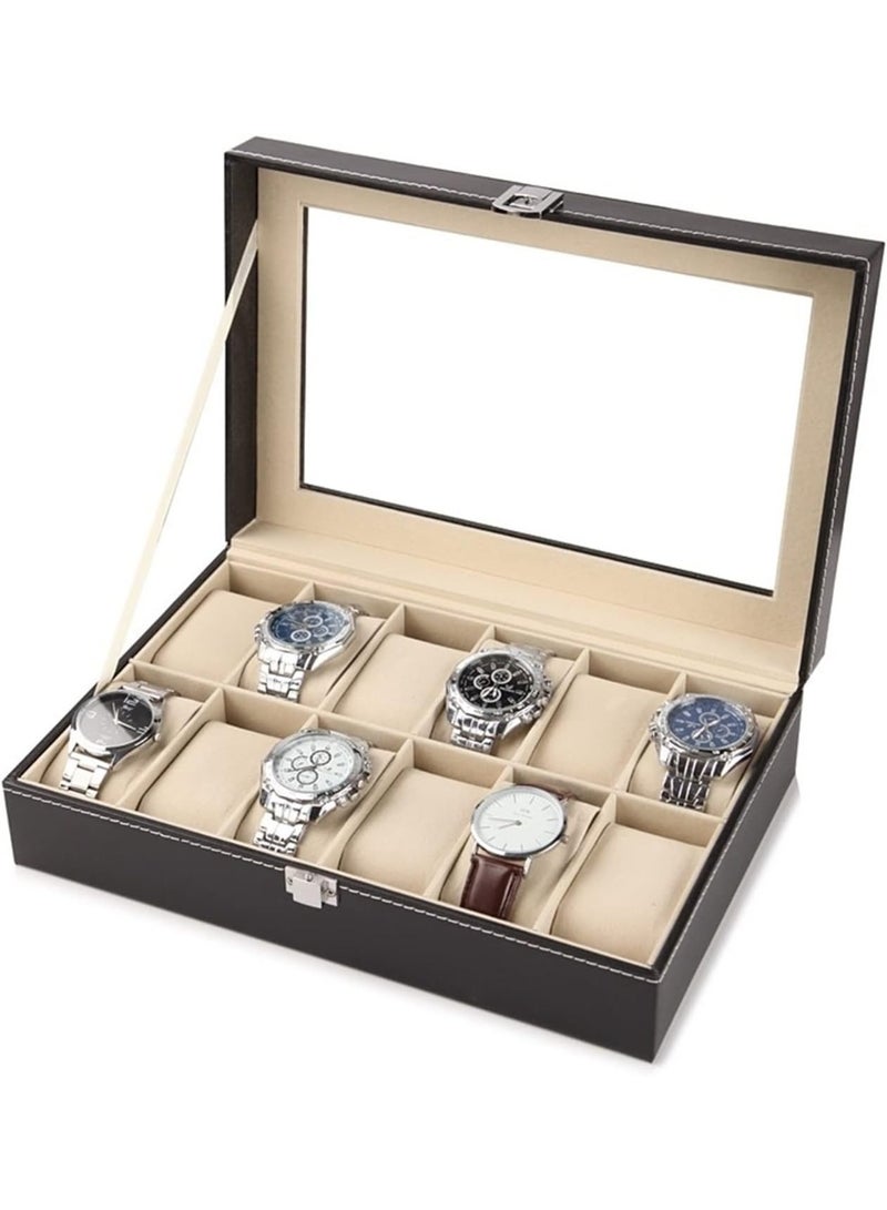 PU Leather Watch Box, 12 Slot Watch Organizer with Glass Lid, Watch Display Case - Image 3