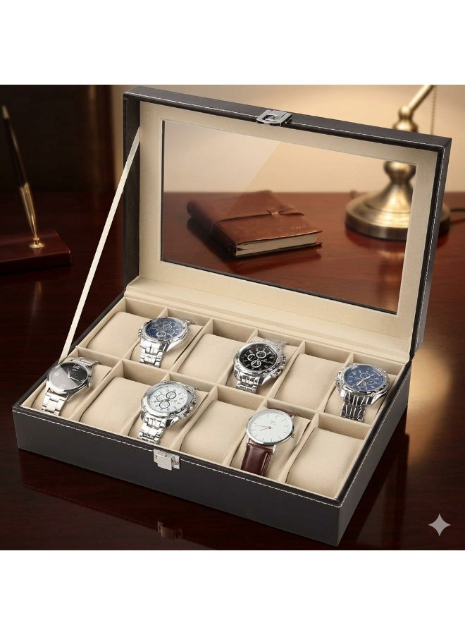 PU Leather Watch Box, 12 Slot Watch Organizer with Glass Lid, Watch Display Case - Image 2