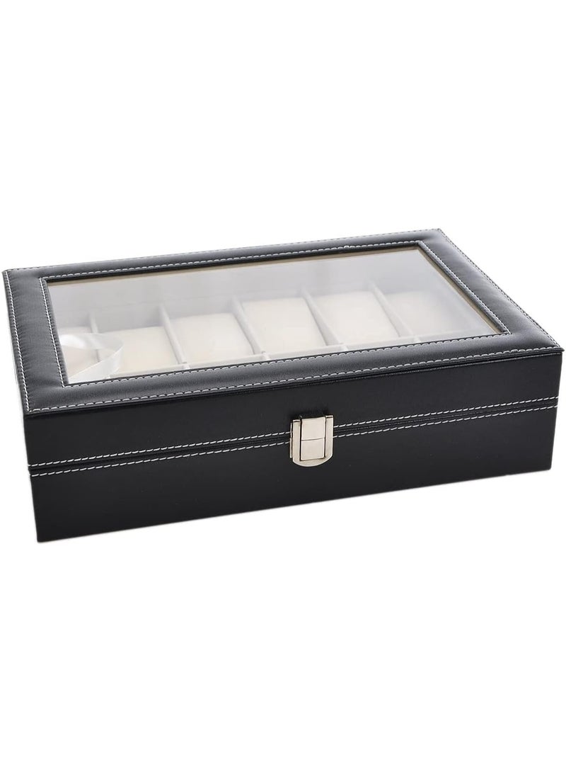 PU Leather Watch Box, 12 Slot Watch Organizer with Glass Lid, Watch Display Case - Image 1