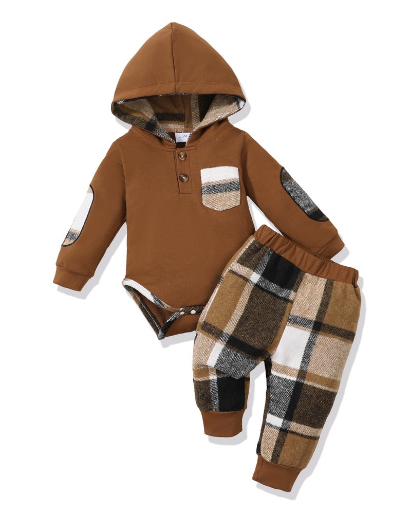 Renotemy baby Clothes Boy 69 Months Brown Plaid Flannel Baby Hoodie Fall Winter Outfits Romper Boys Infant Clothes Shower Gifts Cute Baby Boy Clothes 912 Months