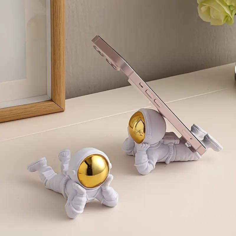 Street27® Astronaut Figurine Creative Phone Stand Holder Desk Accessories Tabletop Statue for Gift Gifting Items, Cool Cell Phone Stand for Smartphones Tablet (Golden) - Image 4