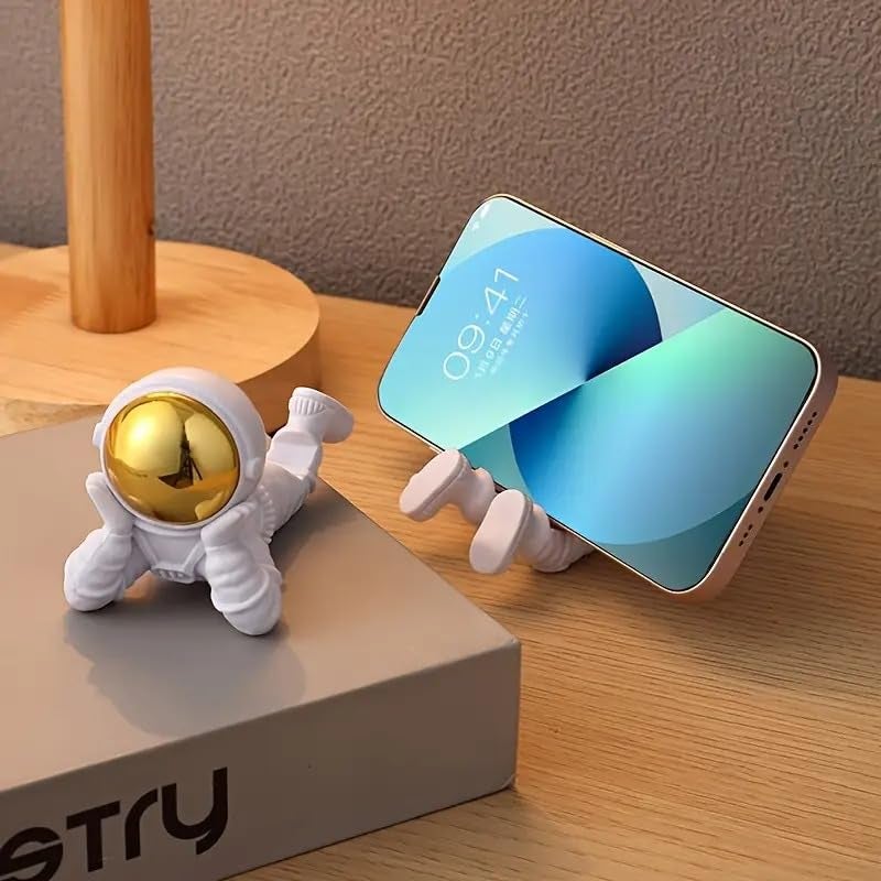 Street27® Astronaut Figurine Creative Phone Stand Holder Desk Accessories Tabletop Statue for Gift Gifting Items, Cool Cell Phone Stand for Smartphones Tablet (Golden) - Image 1