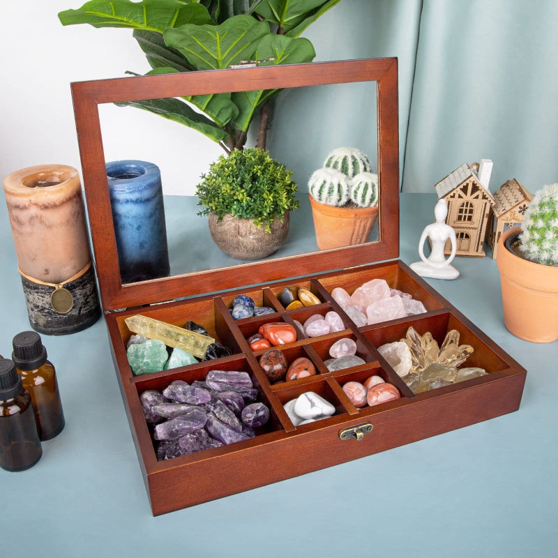 Mooncraftlogy Adjustable Rock Display Case, Crystal Collection Box with Shelves, Wood Witchy Stones Organizer Storage,Gem Holder with Lid for Seashell, Collectibles, Wiccan Gift (Brown) - Image 2