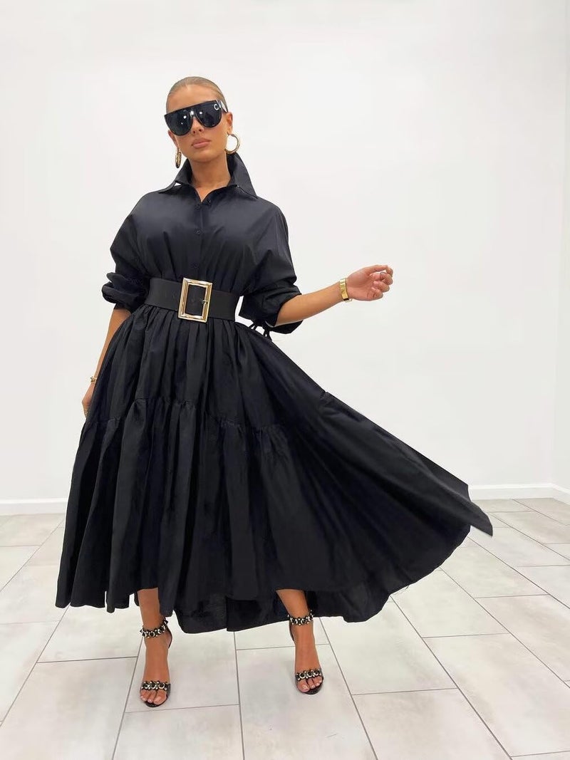 Ekaliy Women's Casual Button Down Up Shirt Long Dress Long Puff Sleeve Loose Maxi Office Dress Black 2XL - Image 2