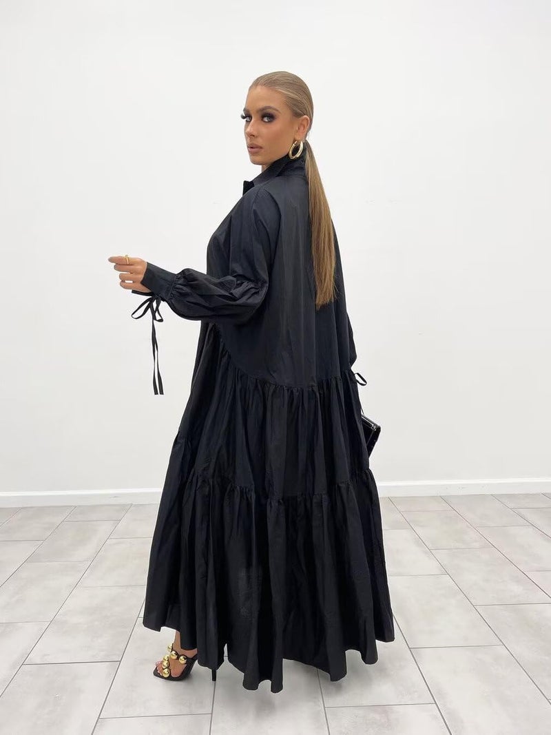 Ekaliy Women's Casual Button Down Up Shirt Long Dress Long Puff Sleeve Loose Maxi Office Dress Black 2XL - Image 3