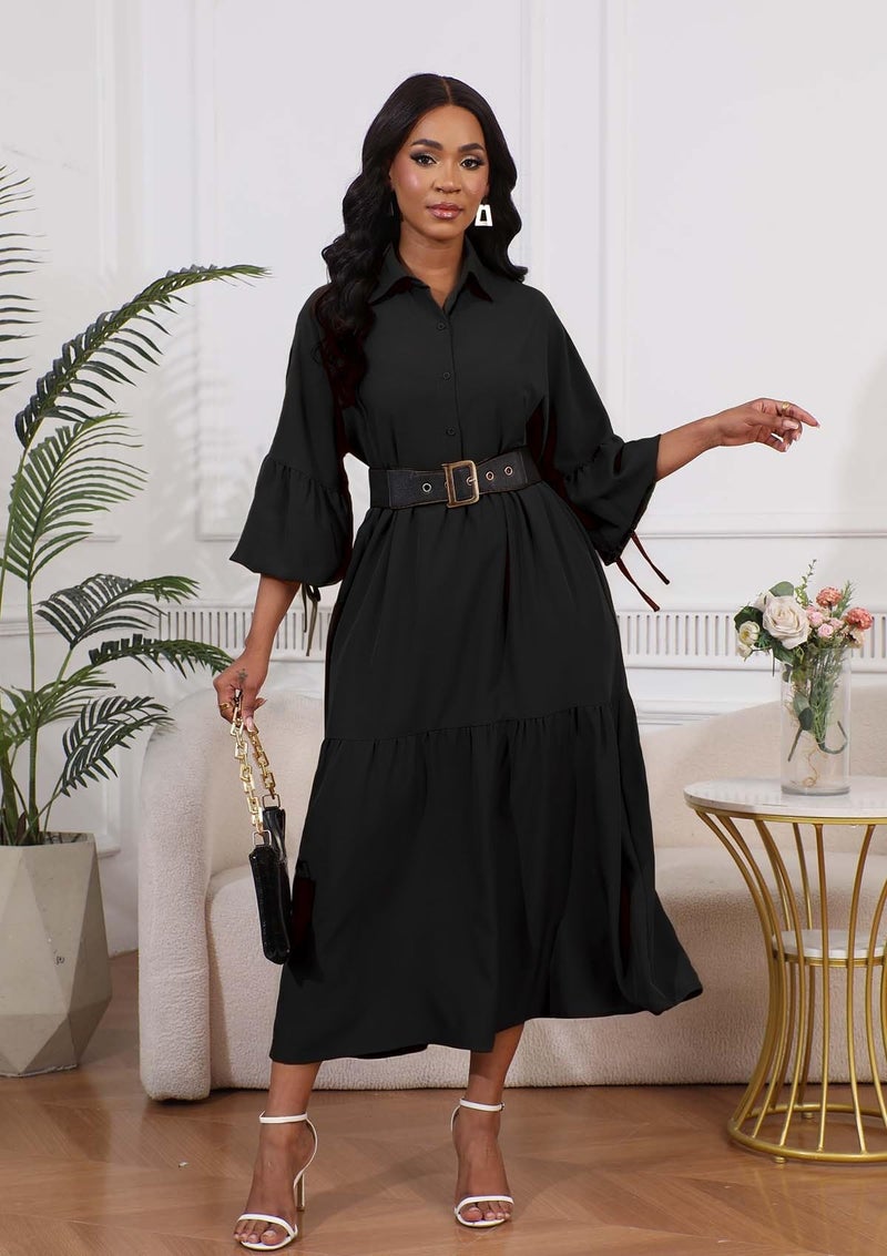 Ekaliy Women's Casual Button Down Up Shirt Long Dress Long Puff Sleeve Loose Maxi Office Dress Black 2XL - Image 4