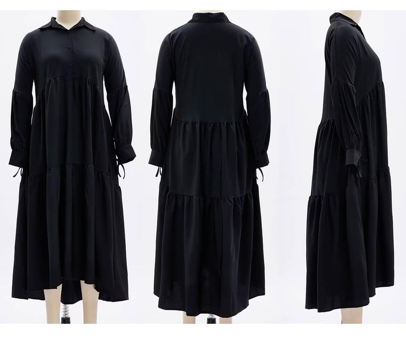 Ekaliy Women's Casual Button Down Up Shirt Long Dress Long Puff Sleeve Loose Maxi Office Dress Black 2XL - Image 5