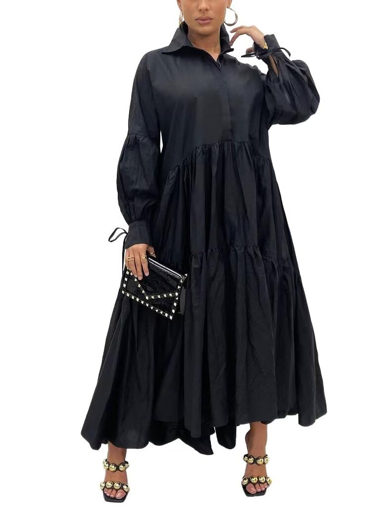 Ekaliy Women's Casual Button Down Up Shirt Long Dress Long Puff Sleeve Loose Maxi Office Dress Black 2XL - Image 1