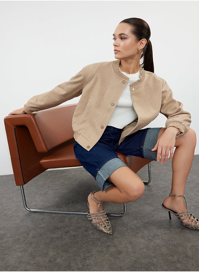 trendyol Beige Stamp Bomber Jacket Coat TWOAW25MO00070  - Image 2