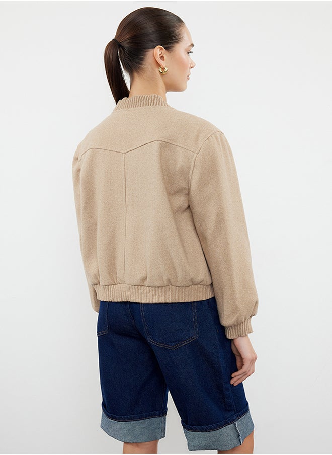 trendyol Beige Stamp Bomber Jacket Coat TWOAW25MO00070  - Image 5