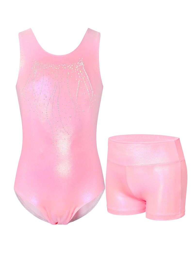 Nokecina Gymnastics Leotards for Girls 5-6 Years Old Pink Diamond Athletic Bodysuit with High Waist Shorts Set - Image 1