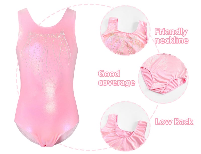 Nokecina Gymnastics Leotards for Girls 5-6 Years Old Pink Diamond Athletic Bodysuit with High Waist Shorts Set - Image 3