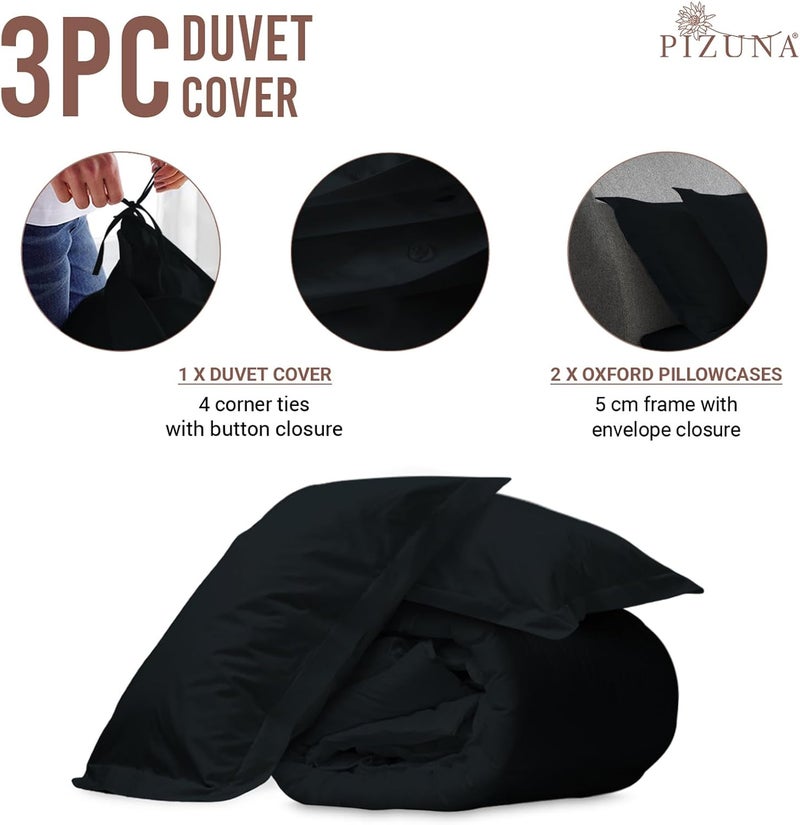 PIZUNA 100% Cotton Double Duvet Cover Size 200x200 cm Black, 400 Thread Count Long Staple Cotton Sateen Weave Duvet Cover Set with 2 Pillowcases (Black Bedding Duvet Cover Sets) - Image 3