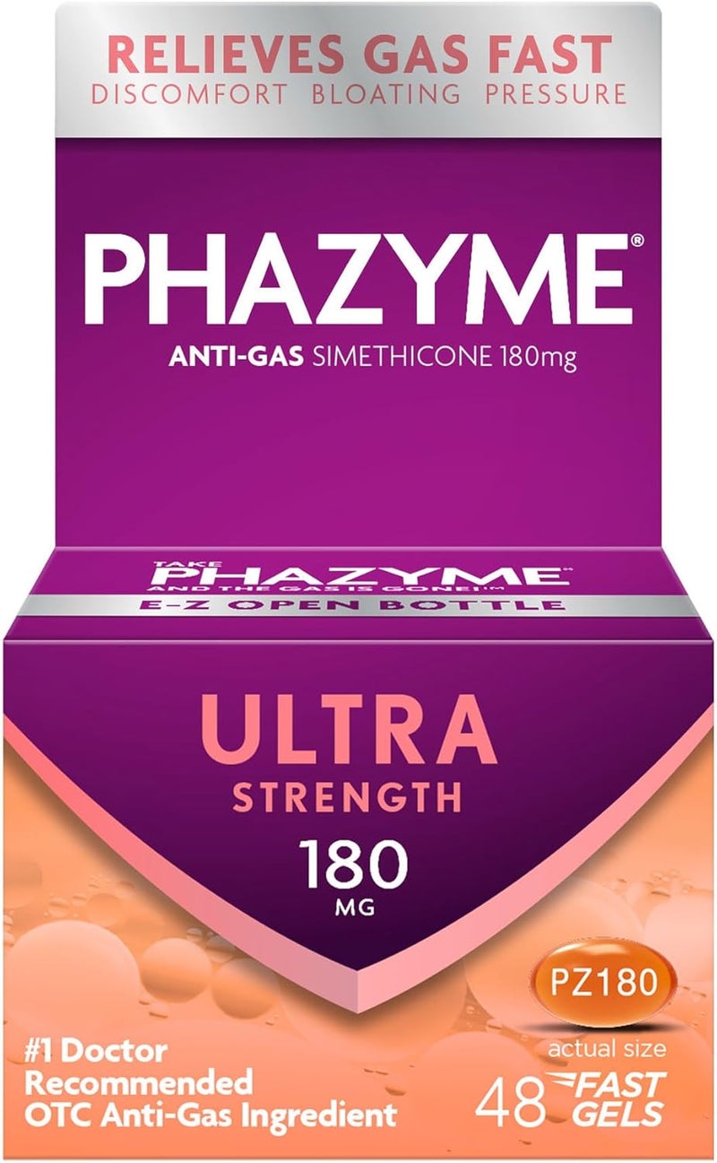 Phazyme Phazyme Gas Relief, Ultra Strength Gas and Bloating Relief for Adults, 180 mg Simethicone Fast Gels, 48 Count 