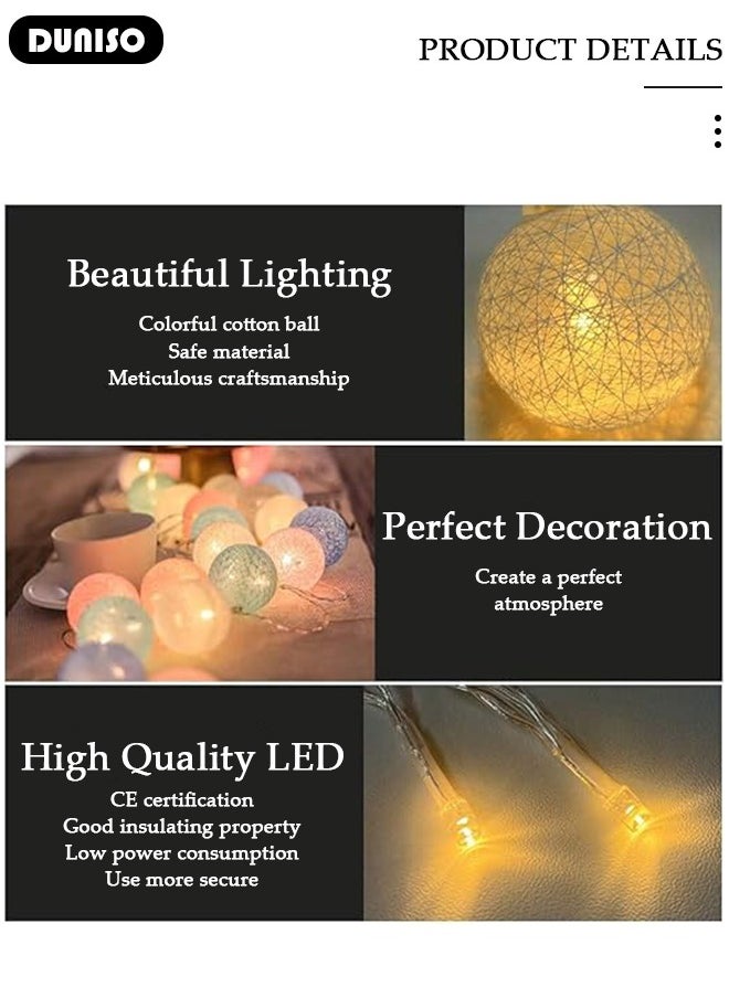 DUNISO 20 LED Globe String Lights, Fairy Lights Battery Operated String Lights, Decorative Lights String for Indoor Outdoor, Cotton Ball Lights for Home Party Patio Garden Wedding  - Image 2
